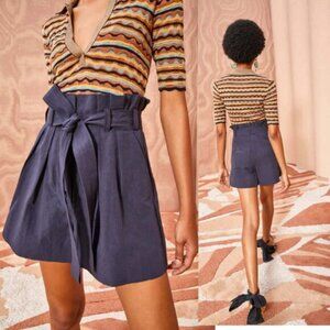 NEW Ulla Johnson Abri High Waist Belted Wide-Leg Paperbag Shorts Navy Blue